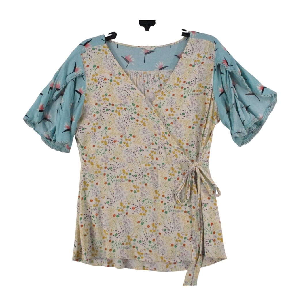 ODDI Womens Floral Wrap Top Blue Yellow Mixed Print Flutter Sleeve IT12755 L